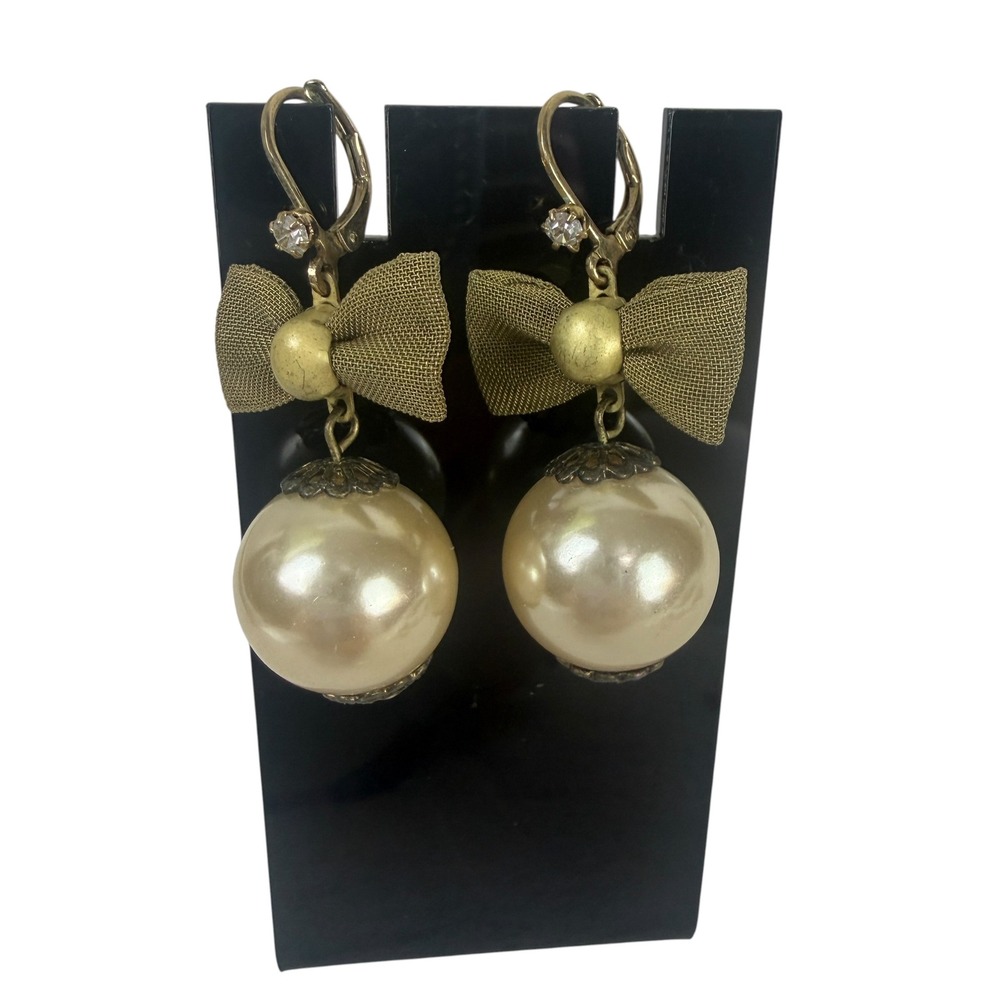 Gold Mesh Bow Faux Pearl Drop Leverback Earrings Vintage Style Cream Crystal